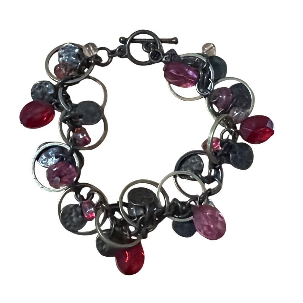 Bohemian‎ Beaded Charm Bracelet Ruby Red Magenta Glass Toggle Clasp Gunmetal